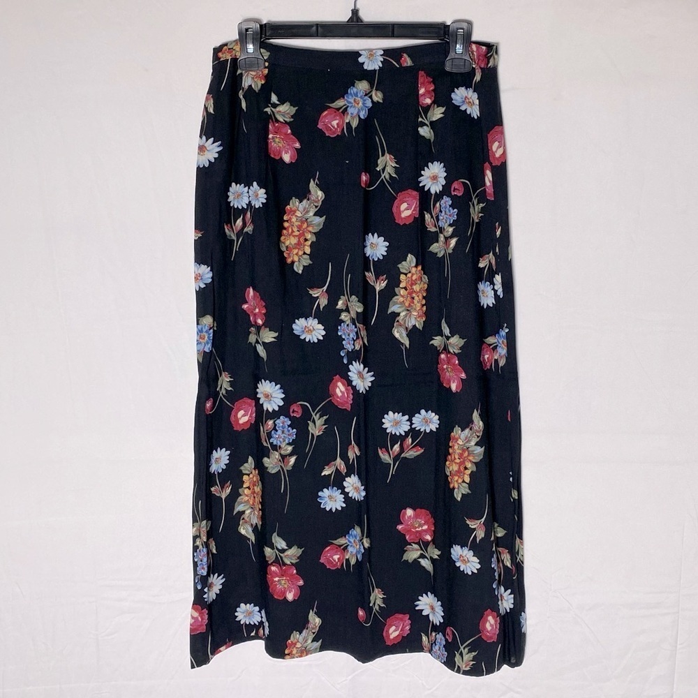Vintage 90s Handmade Black With Floral Print Midi Skirt L Cottagecore